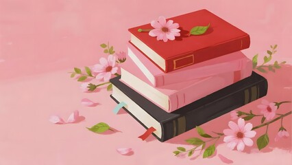 Stack of books adorned with cherry blossoms on a soft pink background