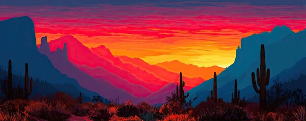Desert landscape with cacti and red rocks concept. Breathtaking sunset over mountains with vibrant colors and cacti.
