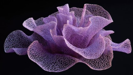 Intricate lavender lace sculpture, resembling a delicate flower or coral, with a net-like, translucent texture against a stark black background