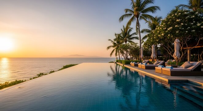 Tranquil sunset view over an infinity pool, palm trees, and the ocean horizon. - Powered by Adobe