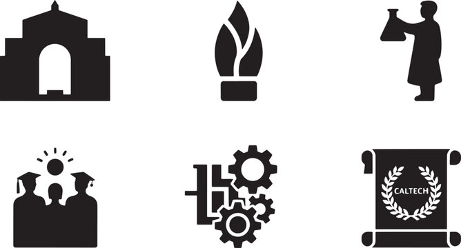 Academic Excellence Vector Illustration Featuring Caltech Scroll, Gears, and Graduation Scene