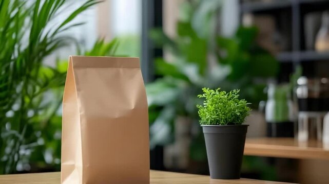 A brown paper bag sits on a wooden table beside a small potted green plant in a bright, modern cafe.