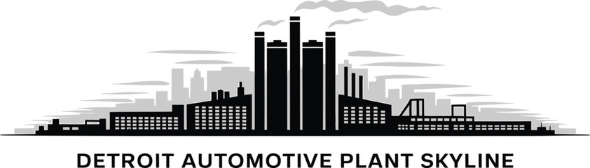 Detroit Automotive Plant Skyline Silhouette with Smoke and Industrial Buildings on Transparent