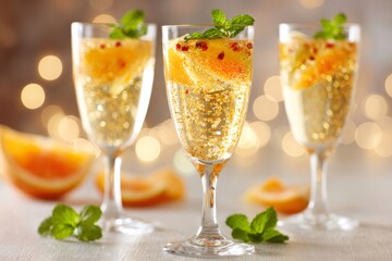 Sparkling champagne cocktails with orange slices and mint, celebrating festive party with glitter and bokeh lights