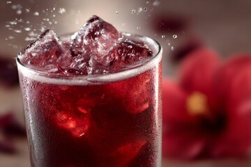 Hibiscus tea, a vibrant red iced beverage, splashing with ice cubes. Drink condensation covers the glass