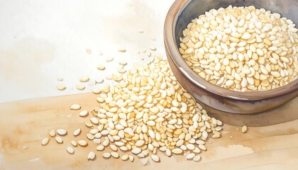 Watercolor Illustration of Scattered Sesame Seeds and a Bowl