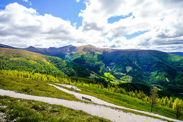 View of the surrounding landscape of the Nockberge Biosphere Reserve. Nature in the mountain region of Salzburg's Lungau region.

