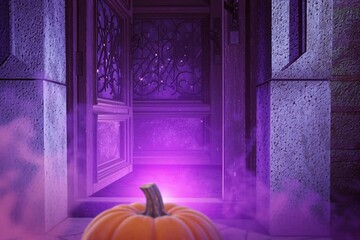 Jack o'lantern with purple smoke on the background of opening doors