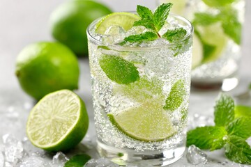 Refreshing mojito cocktail with sparkling soda, fresh lime slices, crushed ice, and vibrant mint leaves