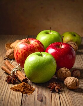 A still life arrangement of fresh red and green apples, walnuts, cinnamon sticks, star anise, and a dusting of cinnamon spice on a rustic wooden surface.