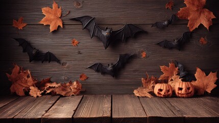 Obraz premium Halloween themed scene with carved pumpkins, bats, and autumn leaves arranged on wooden surface for festive decoration