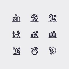 Vibrant collection of vacation and leisure icons for travel and recreation design projects
