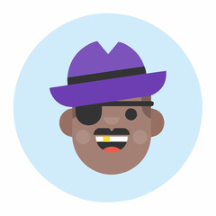 Cool cartoon pirate with eye patch and purple hat grinning widely with gold tooth