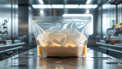 Futuristic food storage pouch with liquid in laboratory