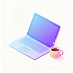 Minimalist Laptop with Coffee Cup Vector Icon – Remote Work Pastel Gradient Flat Design