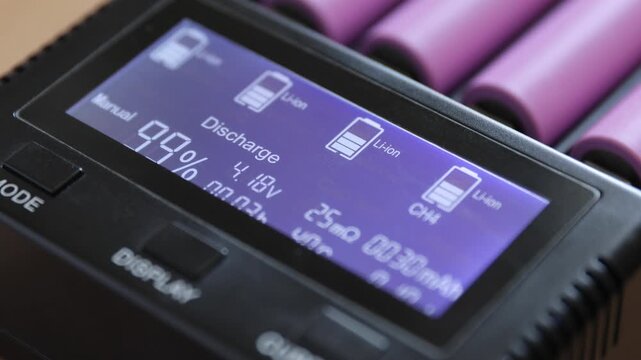Close-up of electronic charger screen showing discharge process of lithium ion batteries. Display indicates charge level, voltage, current and internal resistance during testing procedure.