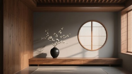 Minimalist Japanese interior with wooden bench, round window, and vase of blossoms