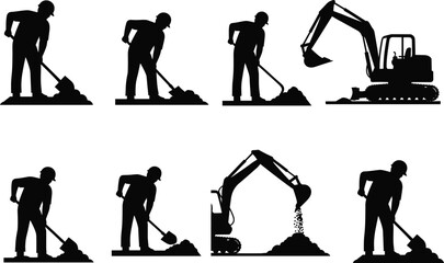 Construction worker silhouette, shovel digging, excavator machine, manual labor, black vector, soil movement, industrial work, isolated, cartoon style, heavy equipment © Fahim Creative