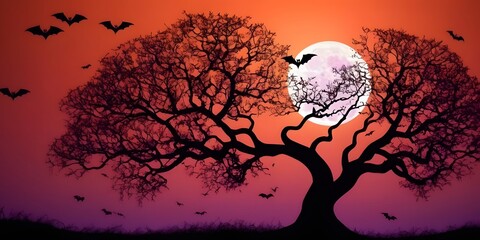Fototapeta premium Silhouette of bare tree branches with bats flying against a bright full moon on a colorful twilight sky, Halloween