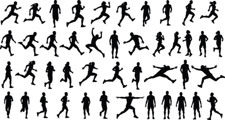 Running and athletic silhouettes in dynamic poses, black vector figures in motion, human movement reference for sports, animation, biomechanics