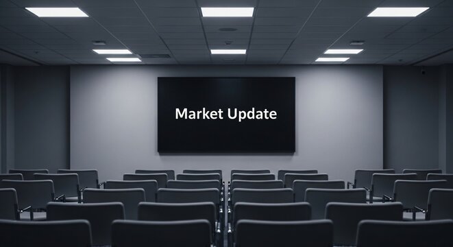 Empty Conference Room with Market Update Displayed on Large Screen.