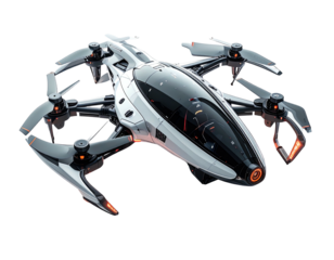 Futuristic, white and gray, drone-like aircraft with  dark accents and glowing orange details