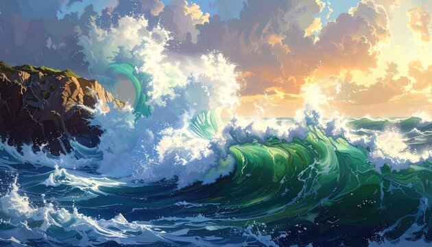 Pixel Art Ocean Wave Crashing Against Rocky Coastline with Dramatic Sky and Sunlight Play Digital Artwork