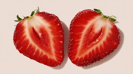 Sliced strawberry halves showing juicy red flesh, seeds, and green cap against pale background