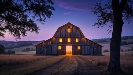 Rustic wooden barn at sunset in countryside landscape