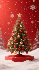 Obraz premium Decorated Christmas tree with red and gold ornaments on a snowy base against a red background with falling snow