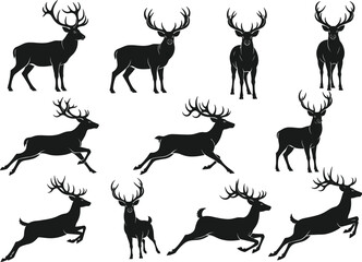 Deer silhouette, black and white, antlers, wildlife, nature, animal pose, leaping deer, standing deer, walking deer, vector,