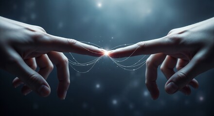 Two human hands touching with glowing energy lines symbolizing connection and cosmic power