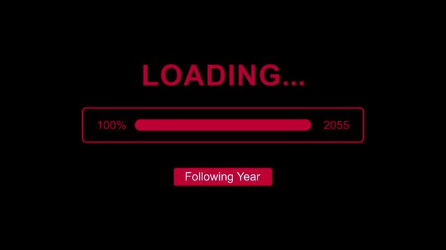 Following new year 2055 with loading bar system animation on black background. Coming and year change concept. flowing textures, symbolizing the upcoming year and new beginnings in a red visual style