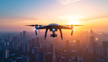 Aerial photography using the latest drones flying over the city