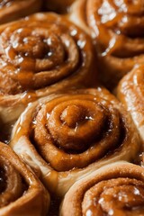 Fototapeta premium Warm homemade cinnamon rolls with caramel glaze close up dessert photography 