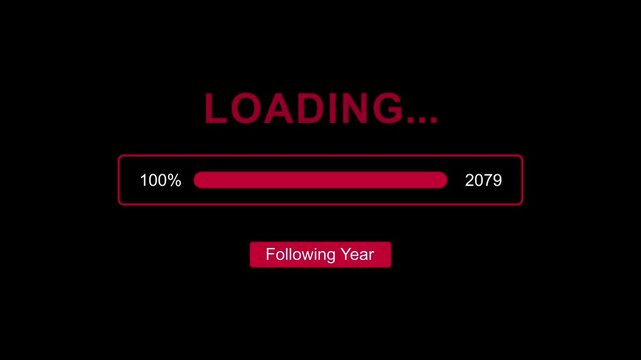 Following new year 2079 with loading bar system animation on black background. Coming and year change concept. flowing textures, symbolizing the upcoming year and new beginnings in a red visual style