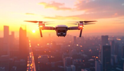 Aerial photography using the latest drones flying over the city
