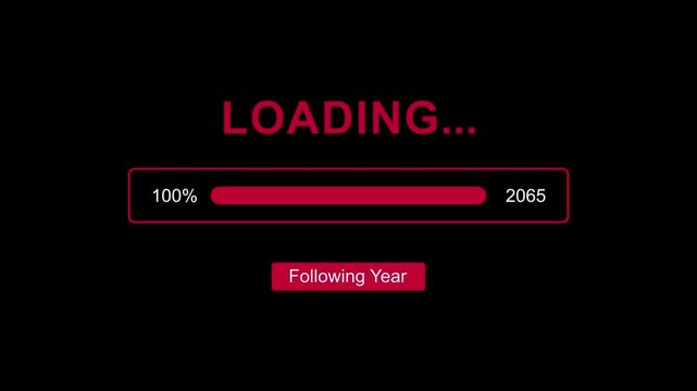 Following new year 2065 with loading bar system animation on black background. Coming and year change concept. flowing textures, symbolizing the upcoming year and new beginnings in a red visual style