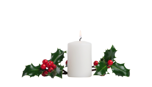 Christmas Candle with Holly Leaves and Red Berries Isolated on transparent background