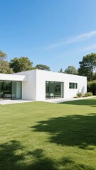 Modern white house with large glass windows and a green lawn under a clear blue sky