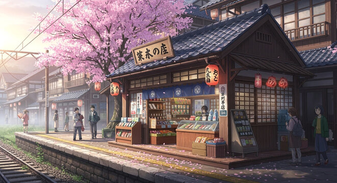Vibrant cherry blossoms frame a charming Japanese train station shop with customers browsing delights