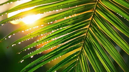 Sunlight through a palm leaf with dew on the fronds. - Powered by Adobe