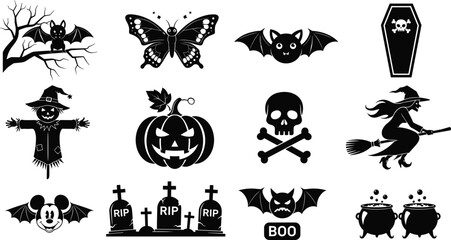 Cad drawing flat vector illustration, Halloween silhouette design, spooky witch pumpkin skull bat graveyard artwork, holiday decoration scary ghost style
