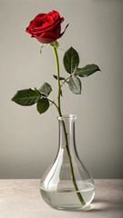 Single red rose in clear glass vase with green stem and leaves