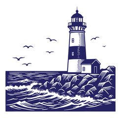 Nautical illustration of lighthouse on rocky shoreline with waves and flying seagulls
