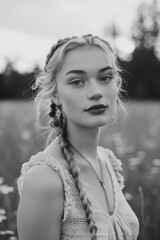 Ypung Woman on Summer Field. Monochrome Portrait. Generative AI