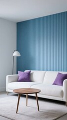 Modern living room with white sofa, purple pillows, wooden coffee table, and blue textured wall
