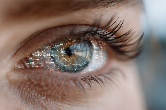 Close-up of a human eye wearing a futuristic high-tech contact lens with glowing digital interface, holographic data overlay, and subtle neon reflections, realistic and cinematic stock photo style.
 - Powered by Adobe