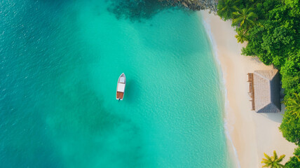 Aerial turquoise tropical beach boat luxury overwater bungalow summer paradise relaxation
