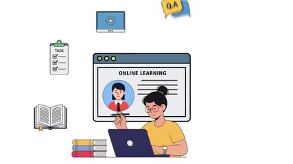 Young woman attending online learning courses on her laptop, showcasing modern education. 